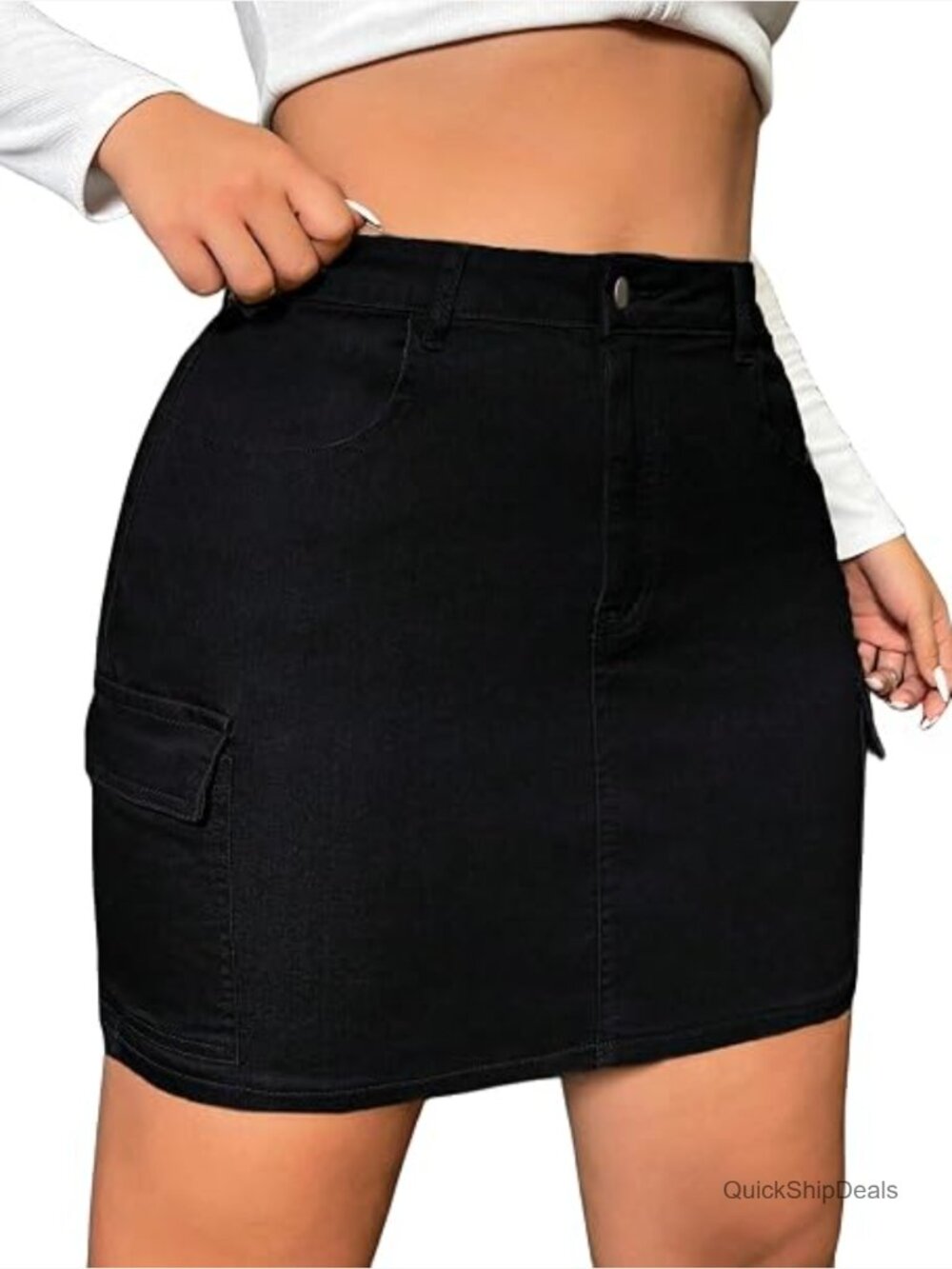High Waist Cargo Denim Skirt Flap Pockets Zipper Fly Bodycon Mini Jean Skirt